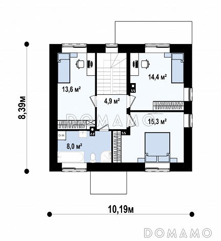 Проект двухэтажного дома с функциональной планировкой, террасой, комнатой на первом этаже, санузлом под лестницей / План 2 этажа