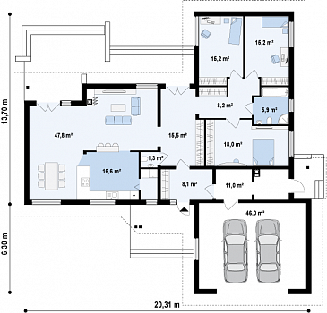 Проект просторного одноэтажного дома из газобетона с фронтальным гаражом на два автомобиля и отделённой зоной сна / План 1 этажа