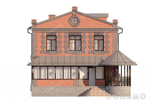 Проект кирпичного двухэтажного дома с 4 спальнями, верандой, круглой беседкой на террасе и обустроенным цокольным этажом / Фасад 1