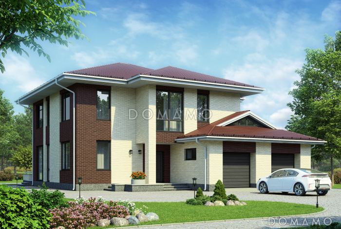 Проект двухэтажного дома из СИП панелей с окнами в пол в гостиной