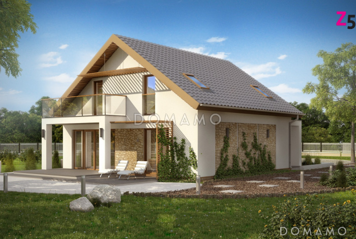 Проект одноэтажного мансардного дома из газобетона с гостевой комнатой на первом этаже и балконом над террасой