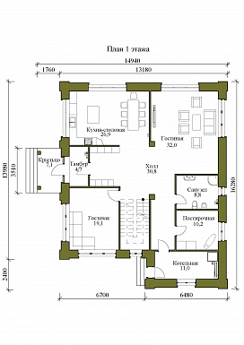 Проект двухэтажного дома с гостевой, гостиной и кухней столовой на первом этаже / План 1 этажа