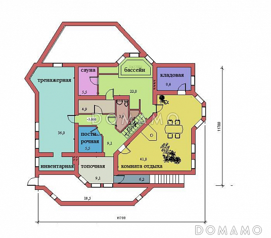 Проект двухэтажного дома с цоколем и мансардой, с сауной, бассейном и вторым светом  / План цокольного этажа