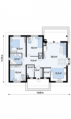 Проект одноэтажного каркасного дома с зоной барбекю на террасе  / План 1 этажа