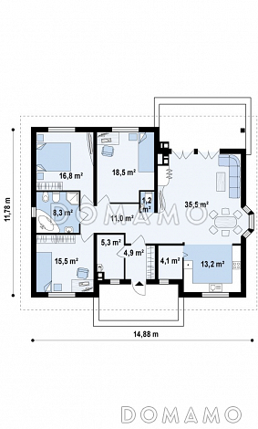 Проект одноэтажного каркасного дома с зоной барбекю на террасе  / План 1 этажа