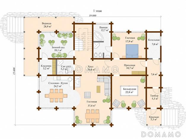 Проект дома из клееного бруса с зимним садом / План 1 этажа