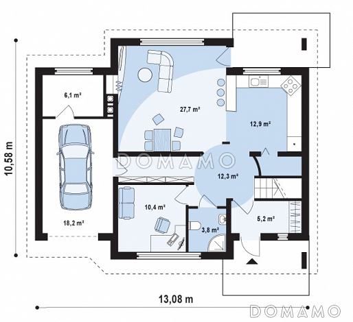 Проект одноэтажного мансардного дома из газобетона с кабинетом, тремя спальнями и гаражом / План 1 этажа