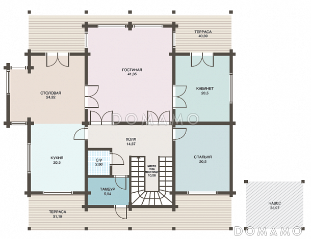 Проект дома из клееного бруса с навесом для авто / План 1 этажа