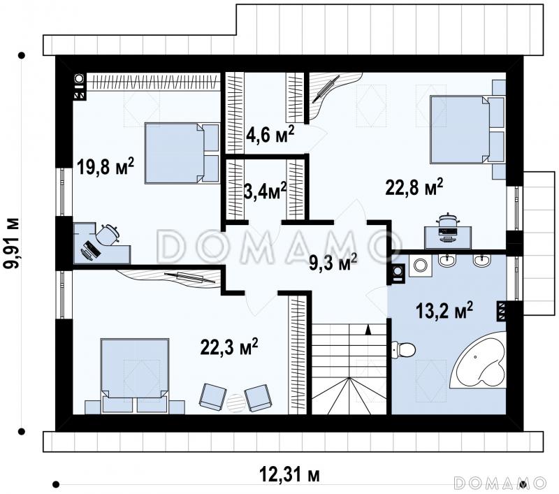 Проект мансардного дома из кирпича с кабинетом, тремя спальнями и гаражом / План мансардного этажа