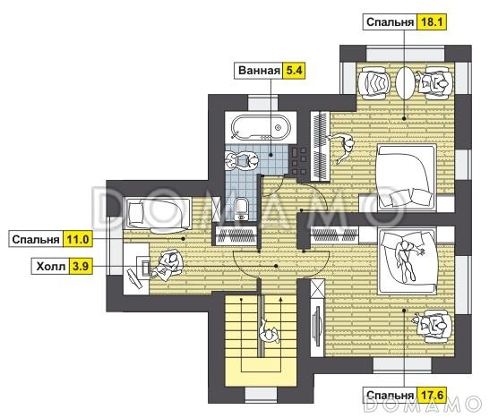 Проект дома с большой крытой террасой, просторной прихожей, ванной с окном на втором этаже / План 2 этажа