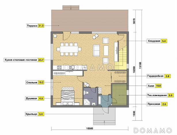 Проект кирпичного дома 10х10 с мансардой / План 1 этажа
