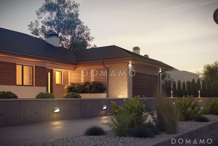 Проект просторного одноэтажного дома из кирпича с большой гостиной, тремя спальнями, кабинетом и гаражом на два автомобиля