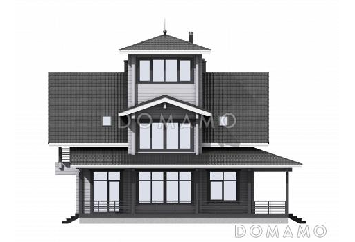 Проект двухэтажного дома из бруса с масштабной крытой террасой и бельведером / Фасад 3