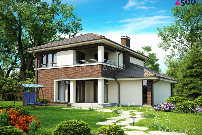 Проект современного двухэтажного дома из газобетона с четырьмя спальнями, кабинетом и пристроенным гаражом