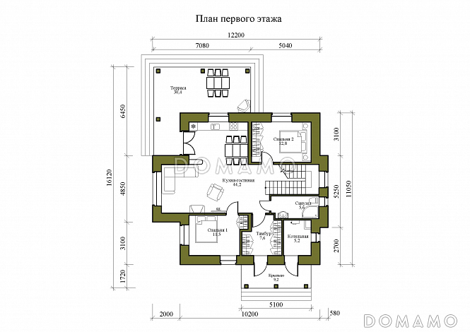Проект двухэтажного дома из кирпича с двумя каминами на большой террасе и в гостиной / План 1 этажа