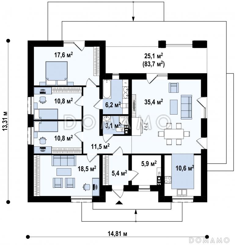 Проект одноэтажного дома с четким зонированием, крытой террасой, гостиной с камином, изолированной кухней / План 1 этажа
