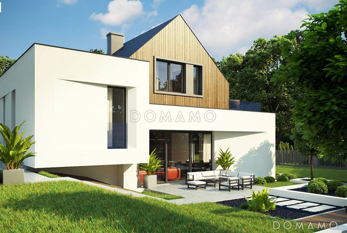 Проект современного двухэтажного дома из кирпича необычной формы и планировки с подземным гаражом и террасой на втором этаже