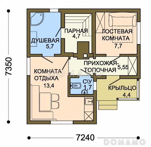 Проект каркасной бани с гостевой комнатой и обшивкой блок-хаусом / План 1 этажа