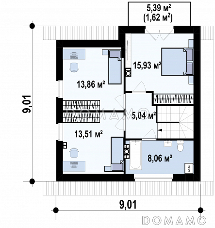 Проект дома с террасой, мансардными окнами, балконом,  треугольным окном в ванной на мансарде / План мансардного этажа