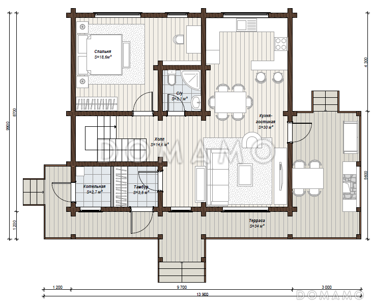 Проект дома с большой детской на мансардном этаже / План 1 этажа