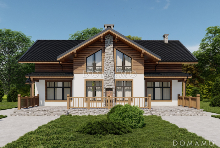 Проект двухэтажного каркасного дома с просторной террасой, сауной и пятью спальнями