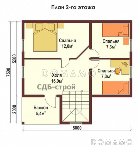 Дом из профилированного бруса ДПБ9 / План 2 этажа