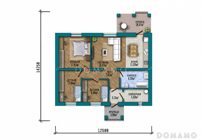 Проект одноэтажного прямоугольного дома с отделкой фасада кирпичом, одной внутренней несущей стеной, тремя спальнями и большой кухней-гостиной с выходом на крытую террасу / План 1 этажа