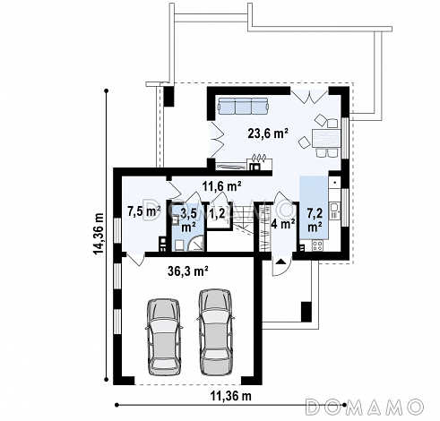 Проект современного двухэтажного дома из газобетона в стиле кубизм с пристроенным гаражом для двух автомобилей  / План 1 этажа