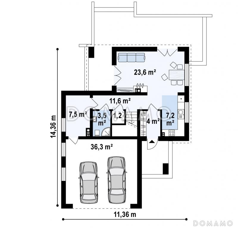 Проект современного двухэтажного дома из газобетона в стиле кубизм с пристроенным гаражом для двух автомобилей  / План 1 этажа