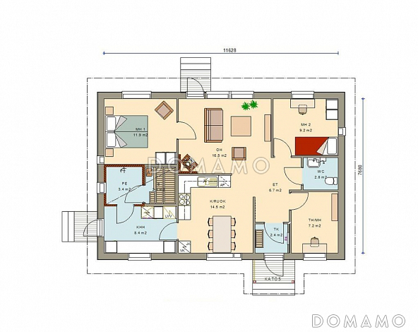 Проект одноэтажного каркасного дома с просторной кухней / План 1 этажа