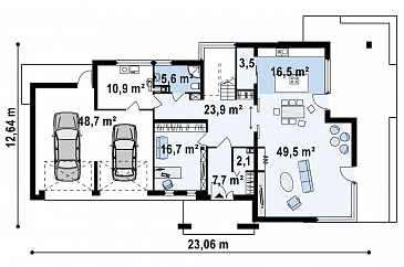 Проект современного двухэтажного дома в стиле хай-тек из кирпича с плоской крышей, балконом и гаражом с двумя отдельными въездами / План 1 этажа