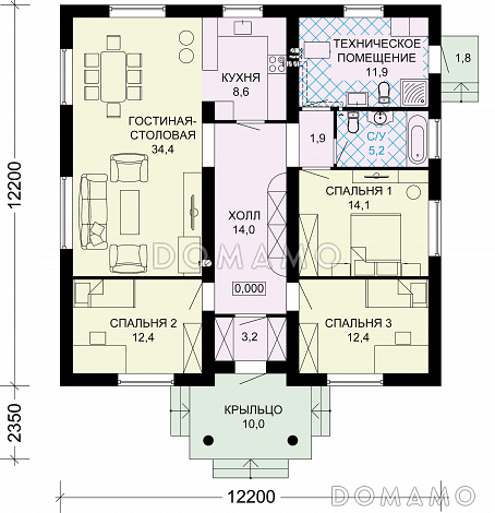 Проект одноэтажного дома из газобетона с тремя спальнями / План 1 этажа