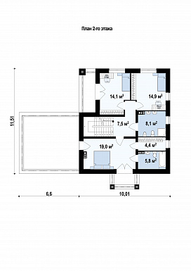Проект современного двухэтажного дома из газобетона балконом, лоджией и открытой террасой над двухместным гаражом / План 2 этажа
