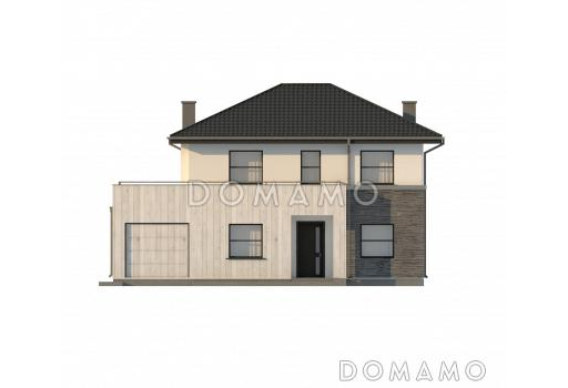 Проект обновлённого двухэтажного дома из кирпича с гаражом и большой террасой на втором этаже / Фасад 1