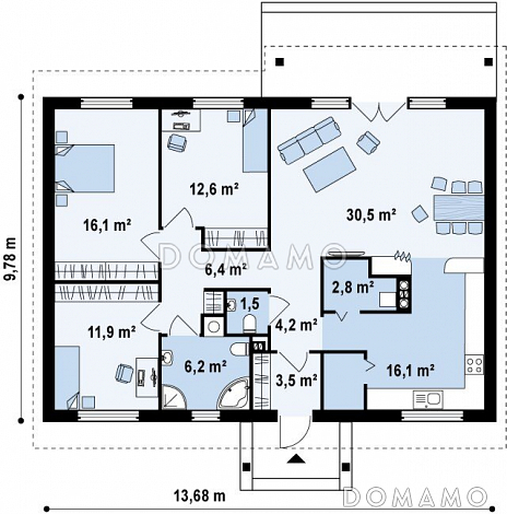 Проект классического одноэтажного дома из газобетона с отделённой спальной зоной  / План 1 этажа