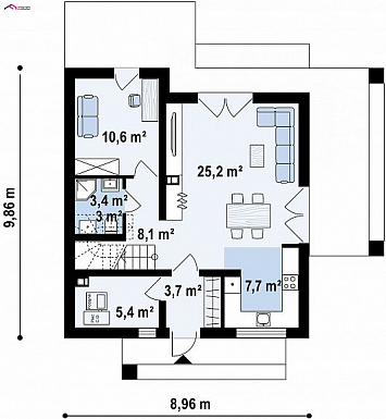 Проект компактного одноэтажного мансардного дома из кирпича с кабинетом и двумя спальнями / План 1 этажа