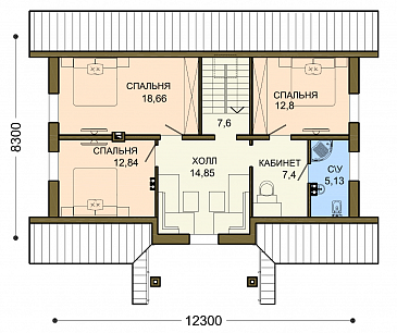 Проект уютного загородного дома из SIP панелей с ажурным крыльцом под зеленой крышей / План мансардного этажа