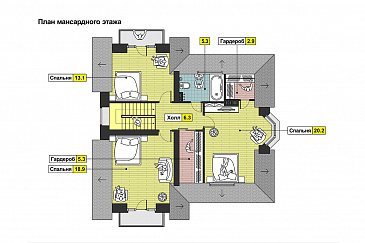 Проект дома одноэтажного дома с мансардным этажом, эркером, балконами в спальне / План мансардного этажа