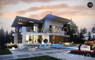 Проект просторного современного двухэтажного дома из газобетона, с пятью комнатами, гаражом и террасой над ним