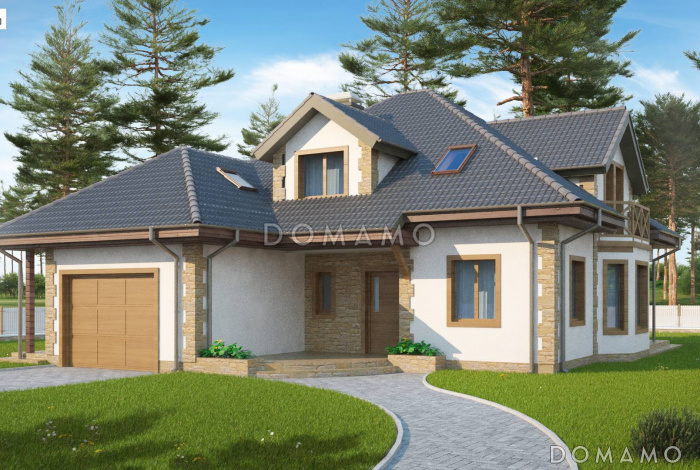 Проект просторного одноэтажного мансардного дома из газобетона с кабинетом, эркером и гаражом