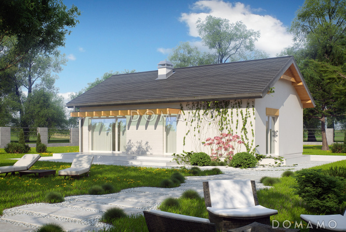 Проект компактного одноэтажного дома из кирпича с современными элементами экстерьера