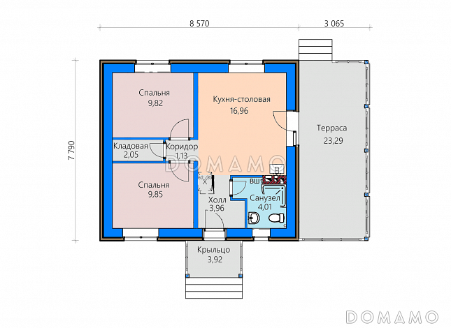Проект дома с террасой, кухней-столовой, двумя небольшими спальнями и кладовой / План 1 этажа
