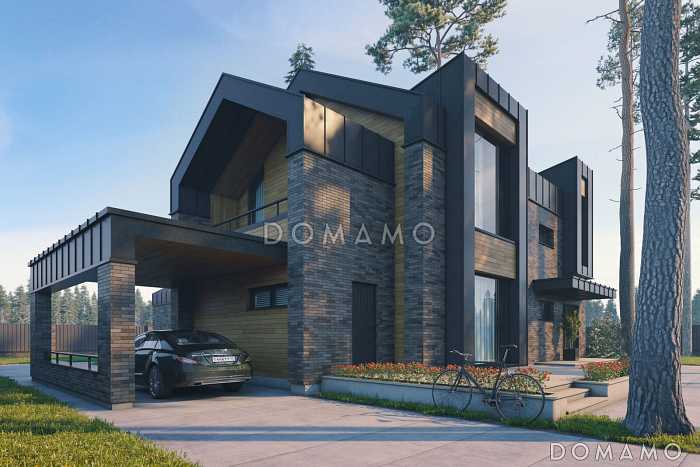 Проект кирпичного дома в стиле барнхаус с мастер-спальней, СПА зоной и автонавесом