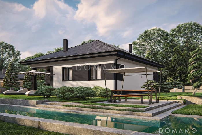 Проект одноэтажного дома с эркером в гостиной, кладовой, террасой, тремя спальнями