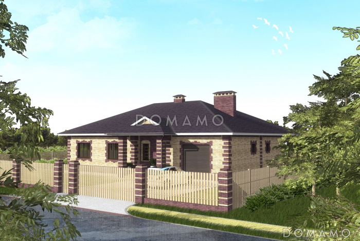 Проект одноэтажного дома по технологии ЛСТК с гаражом и открытой террасой