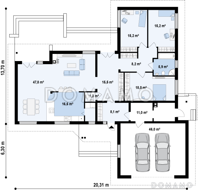 Проект просторного одноэтажного дома из кирпича с фронтальным гаражом на два автомобиля и отделённой зоной сна / План 1 этажа