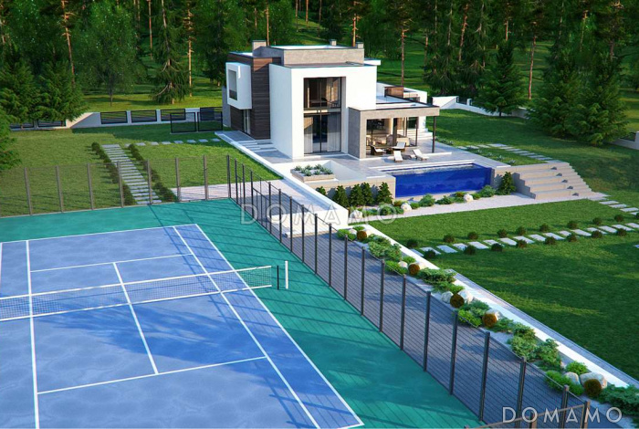 Проект большого современного двухэтажного дома из кирпича с четырьмя спальнями, кабинетом и гаражом для участка с рельефом