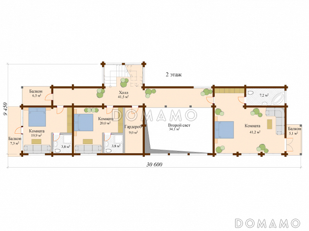 Проект двухэтажного дома из клееного бруса с большой кухней-столовой / План 2 этажа