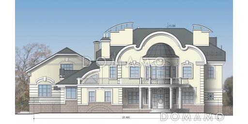 Проект коттеджа с двусветной гостиной и бассейном / Фасад 1