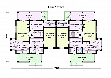 Проект двухэтажного дома на два хозяина с верандой и отдельным входом для каждой семьи / План 1 этажа